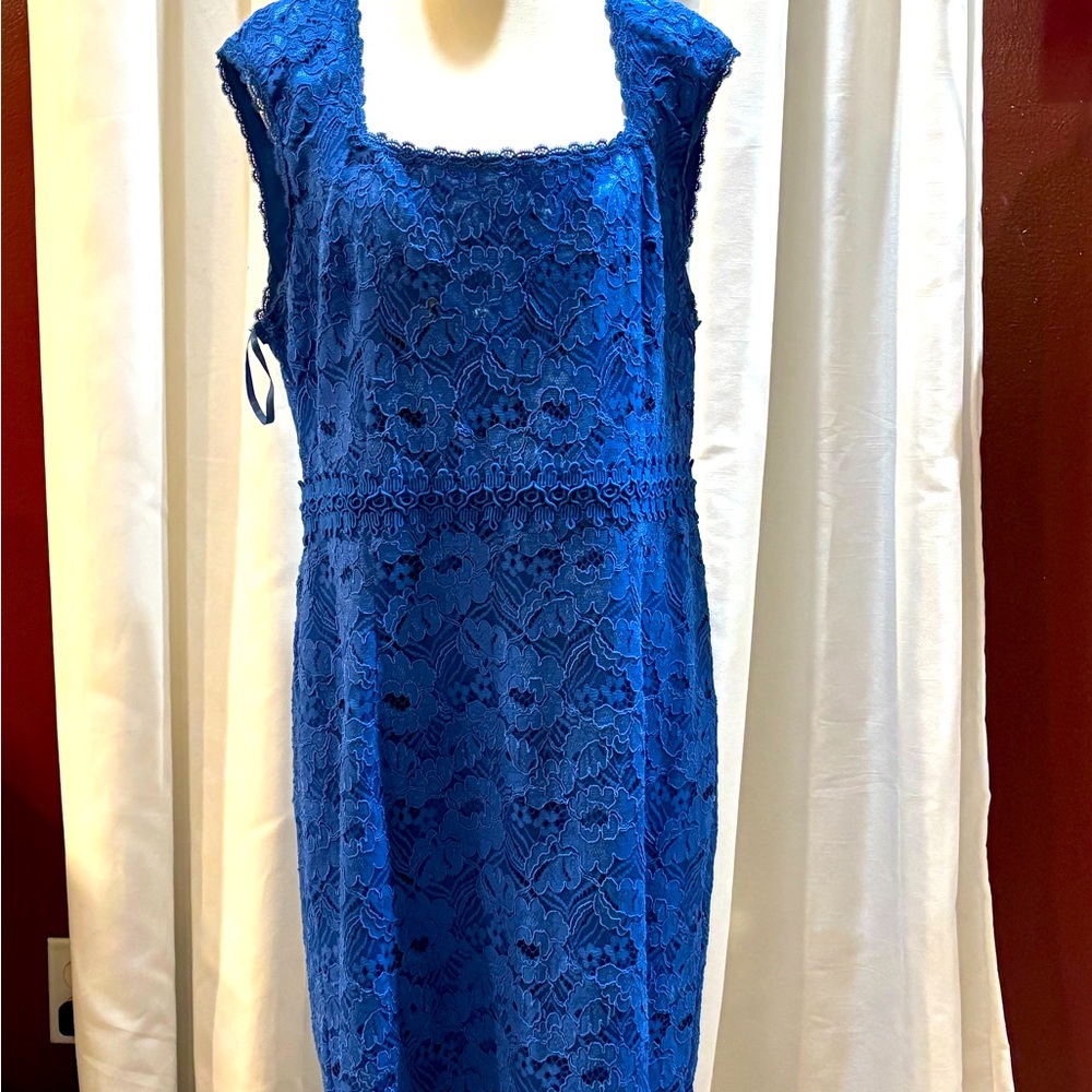 Ann Taylor blue square neck lace midi pencil dress